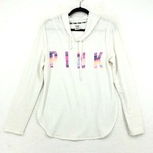 PINK Victoria's Secret Womens M White Pink Pullover Hoodie Sweater Long Sleeve